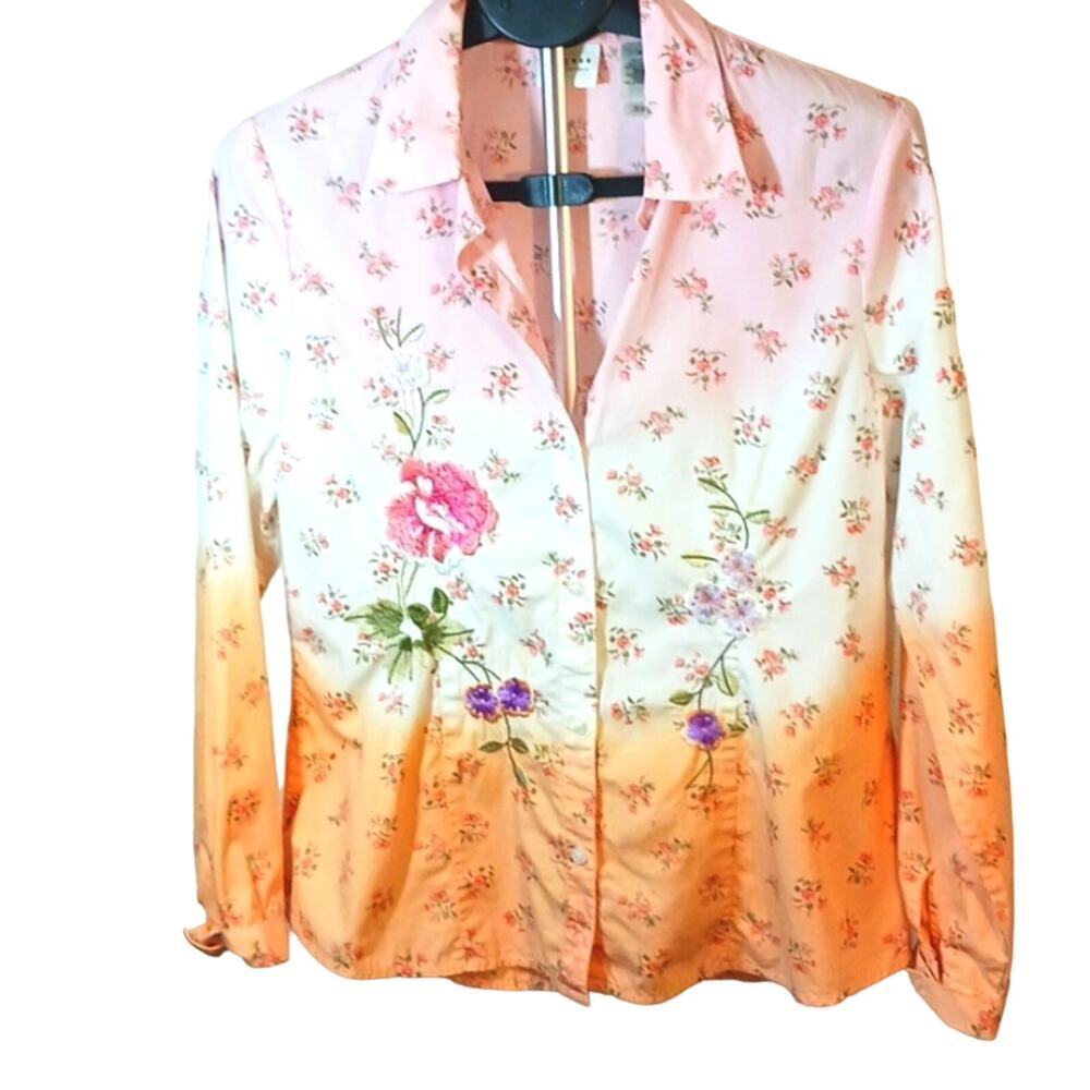 RARE Liz Claiborne Embroidered Floral Shirt Sz 14 Orange White Fairy Boho Hippie